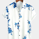 Blue Casual Button-Up Floral Print Shirt, Short Sleeves