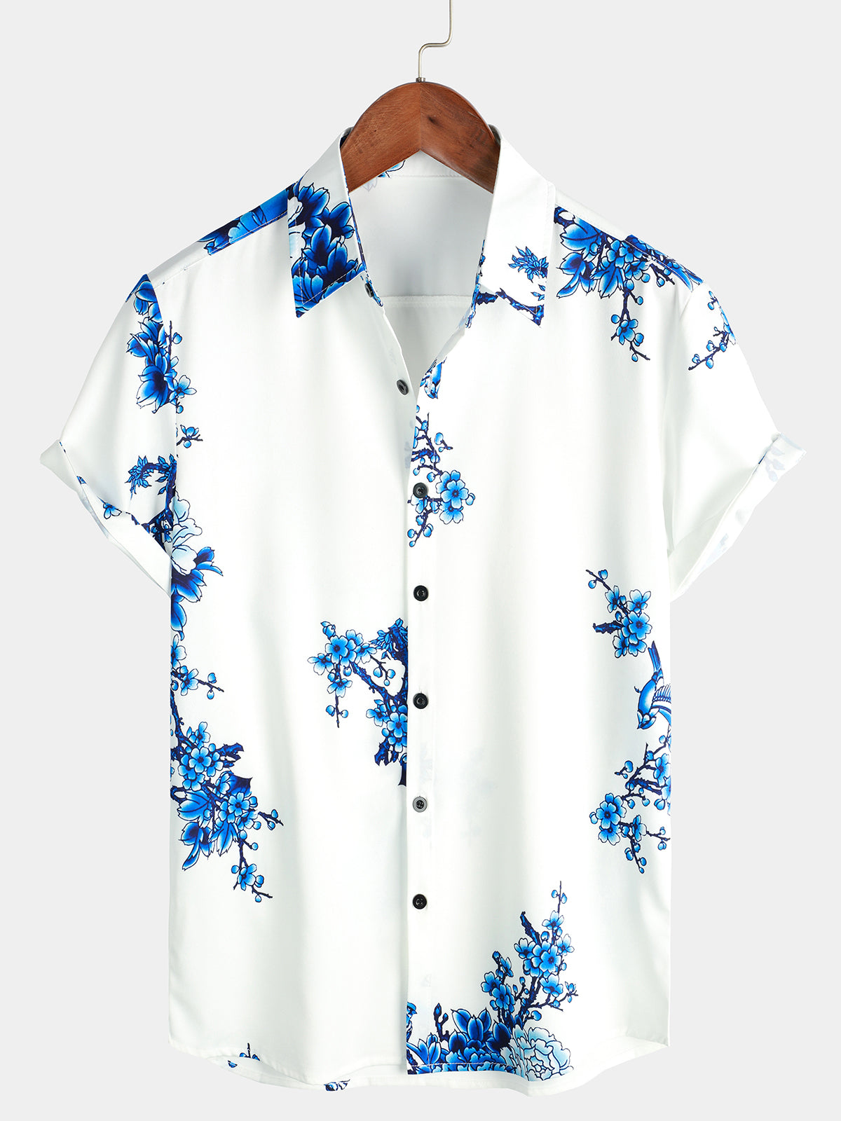 Blue Casual Button-Up Floral Print Shirt, Short Sleeves