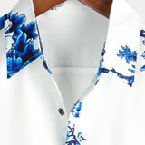 Blue Casual Button-Up Floral Print Shirt, Short Sleeves