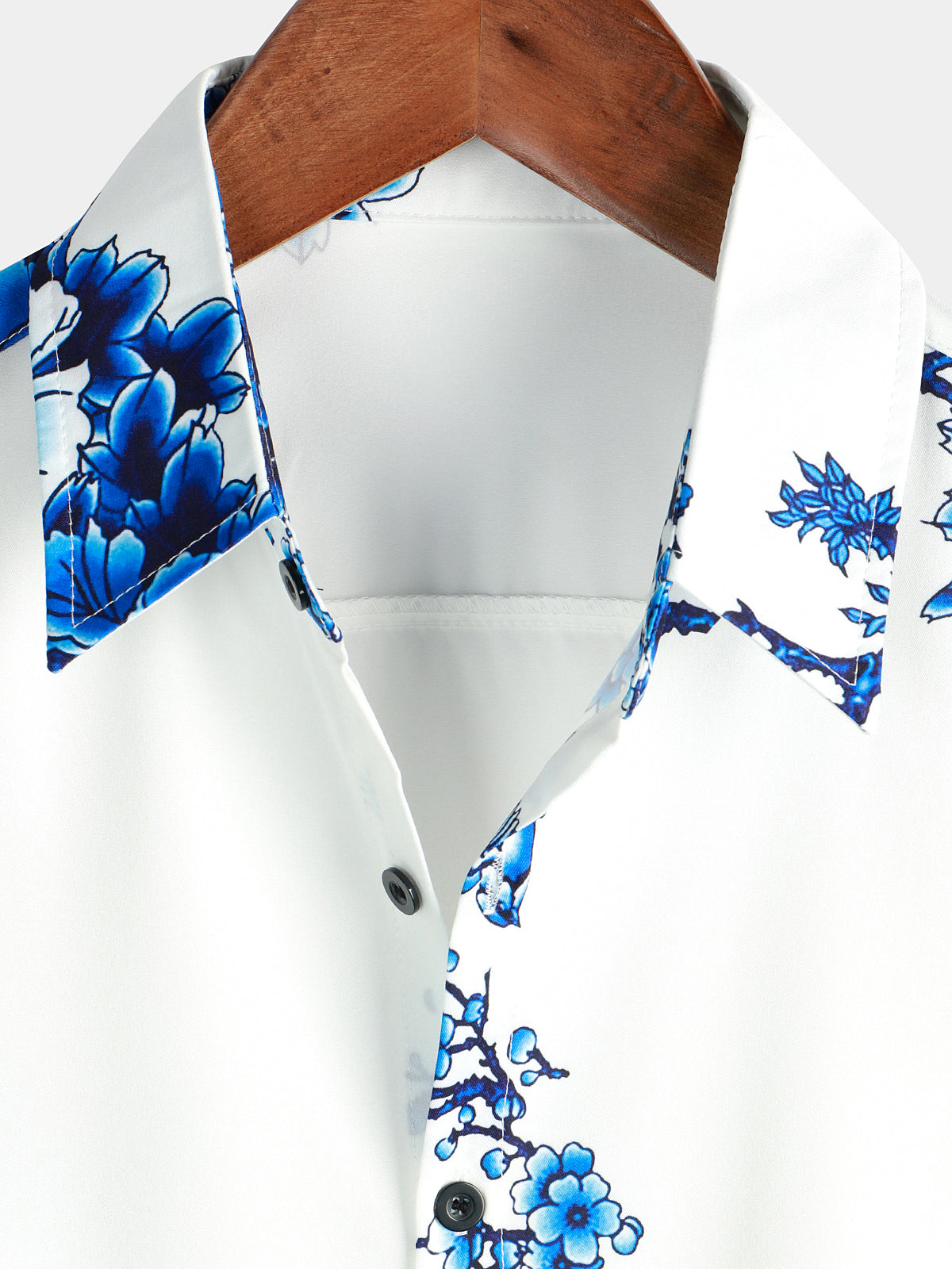 Blue Casual Button-Up Floral Print Shirt, Short Sleeves
