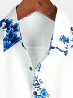 Blue Casual Button-Up Floral Print Shirt, Short Sleeves