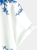Blue Casual Button-Up Floral Print Shirt, Short Sleeves
