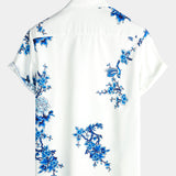 Blue Casual Button-Up Floral Print Shirt, Short Sleeves
