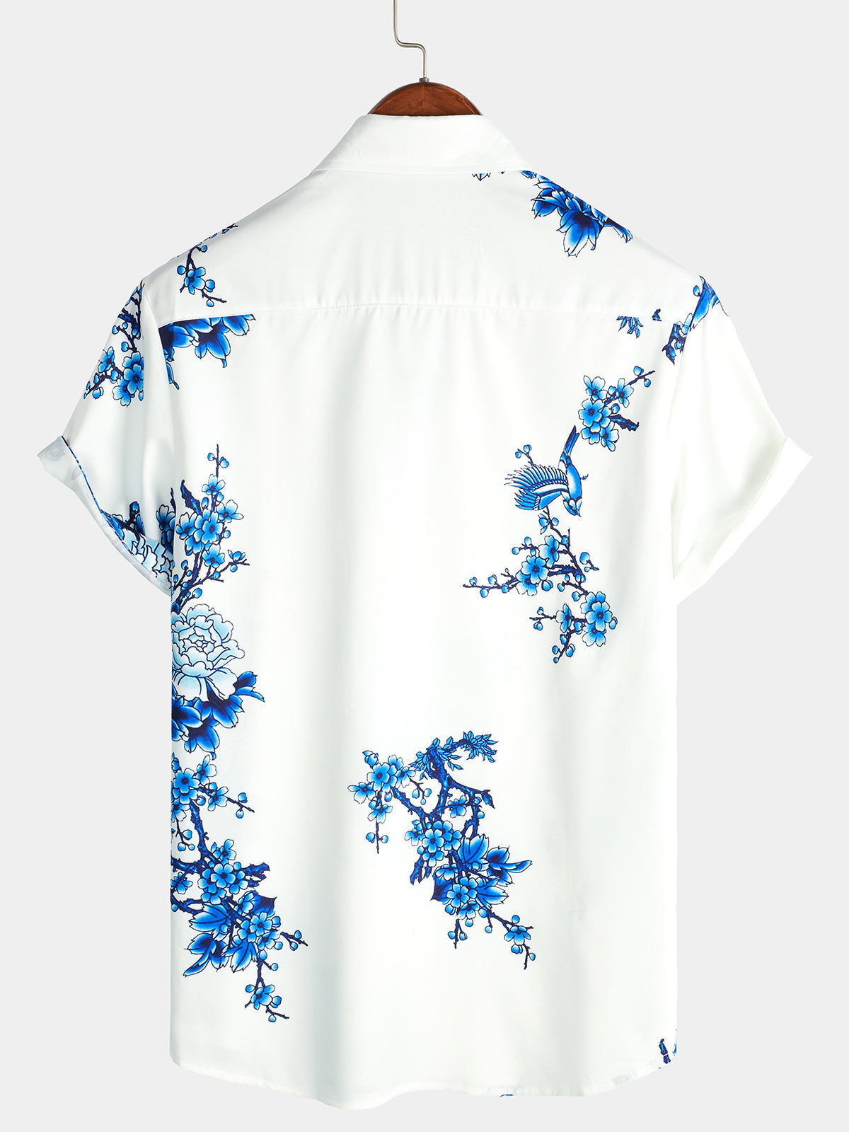 Blue Casual Button-Up Floral Print Shirt, Short Sleeves