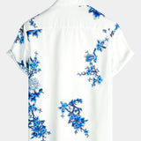 Cotton Casual Shirt with Short Sleeves and Buttons for Men in Blue with Floral Pattern