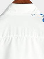 Blue Casual Button-Up Floral Print Shirt, Short Sleeves