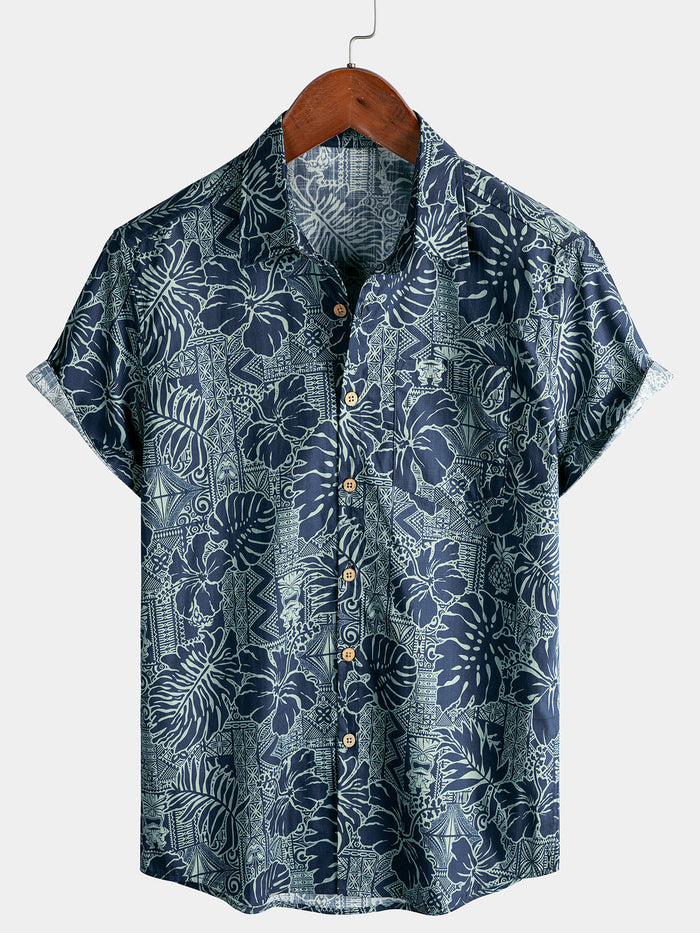 Hawaiian Tropical Leaves Pattern Holiday Beach Style Short Sleeve Shirt