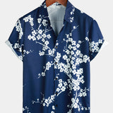 Short-Sleeve Casual Collared Floral Print Vintage Navy Shirt