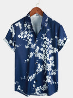 Short-Sleeve Casual Collared Floral Print Vintage Navy Shirt