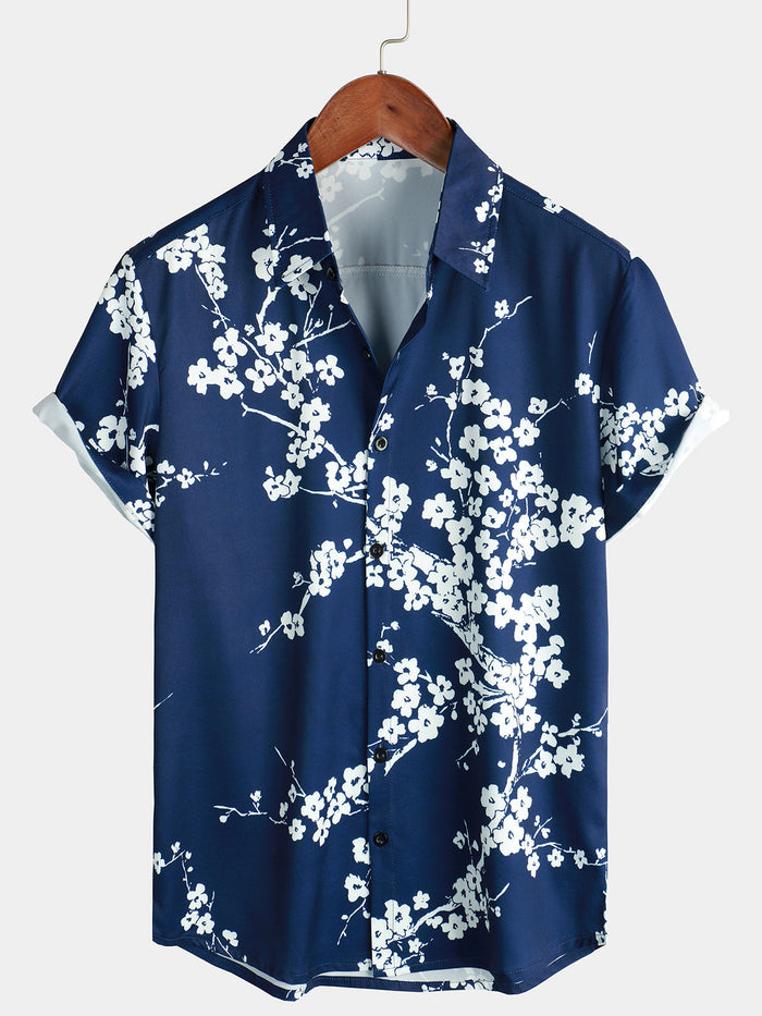 Short-Sleeve Casual Collared Floral Print Vintage Navy Shirt