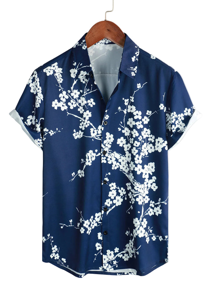 Casual Shirt with Short Sleeves, Floral Pattern for Men in Vintage Navy