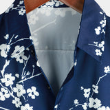 Short-Sleeve Casual Collared Floral Print Vintage Navy Shirt