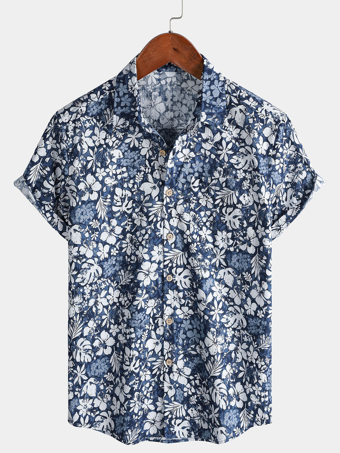 Retro Vacation Style Short Sleeve Breathable Hibiscus Print Shirt