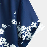 Short-Sleeve Casual Collared Floral Print Vintage Navy Shirt