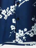 Short-Sleeve Casual Collared Floral Print Vintage Navy Shirt