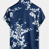 Short-Sleeve Casual Collared Floral Print Vintage Navy Shirt