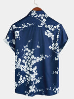 Short-Sleeve Casual Collared Floral Print Vintage Navy Shirt