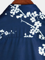 Short-Sleeve Casual Collared Floral Print Vintage Navy Shirt