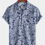 Classic Floral Print Button-Up Holiday Style Short Sleeve Shirt