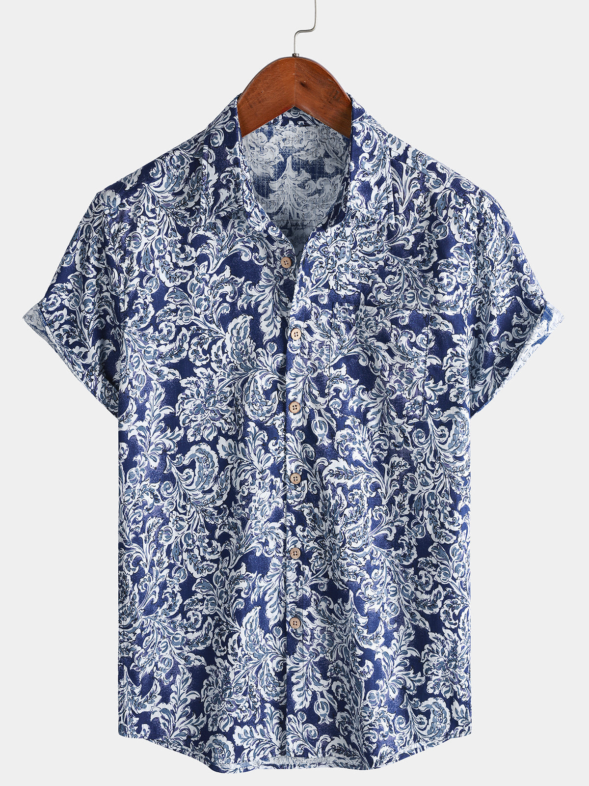 Classic Floral Print Button-Up Holiday Style Short Sleeve Shirt