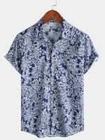 Classic Floral Print Button-Up Holiday Style Short Sleeve Shirt