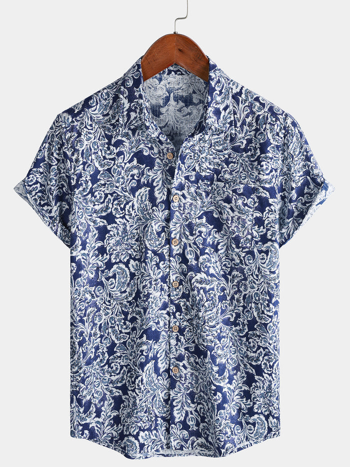 Classic Floral Print Button-Up Holiday Style Short Sleeve Shirt