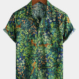 Green Hawaiian Tropical Botanical Print Short Sleeve Shirt