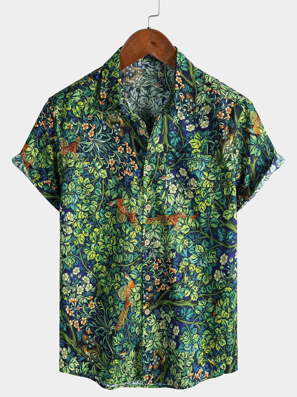 Green Hawaiian Tropical Botanical Print Short Sleeve Shirt