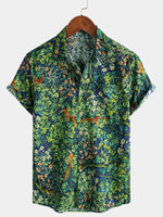 Green Hawaiian Tropical Botanical Print Short Sleeve Shirt