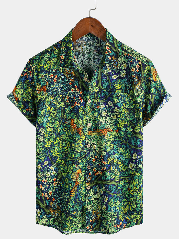 Green Hawaiian Tropical Botanical Print Short Sleeve Shirt
