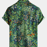 Green Hawaiian Tropical Botanical Print Short Sleeve Shirt