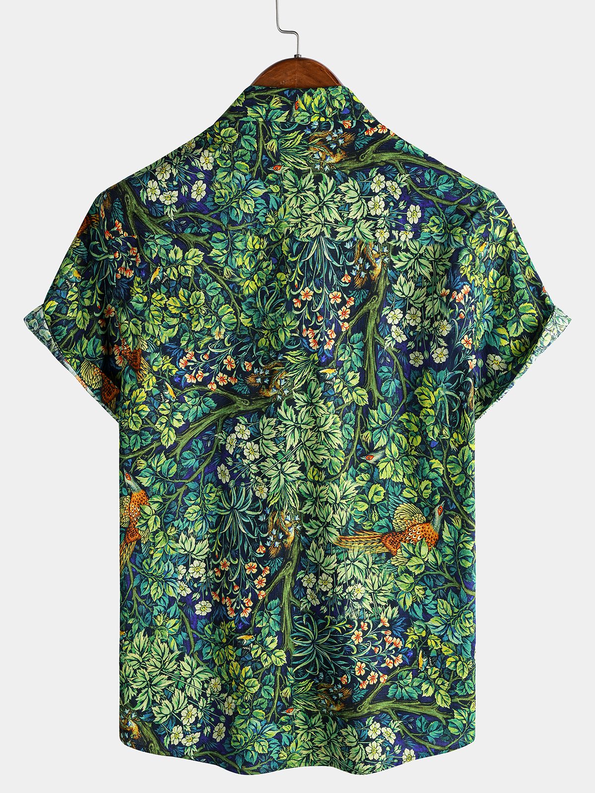 Green Hawaiian Tropical Botanical Print Short Sleeve Shirt