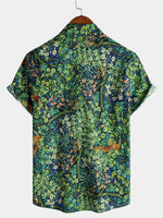 Green Hawaiian Tropical Botanical Print Short Sleeve Shirt