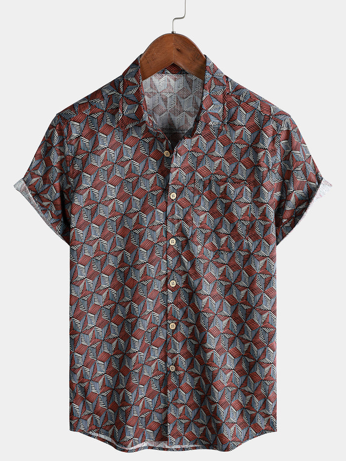 Geometric Pattern Casual Button-Up Short Sleeve Shirt