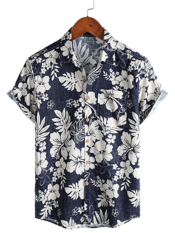 Vintage Shirt with Short Sleeves for Men with Island Flower Pattern