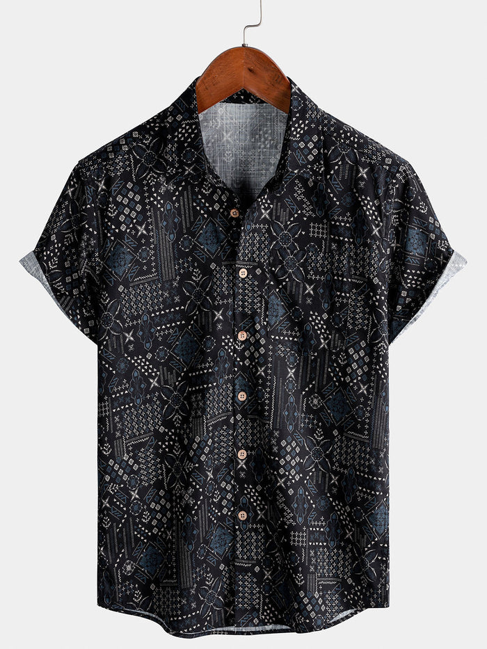 Vintage Patchwork Print Breathable Resort Style Short Sleeve Shirt