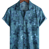 Retro Cotton Casual Shirt with Short Sleeves, Floral Pocket in Blue for Men