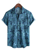 Retro Cotton Casual Shirt with Short Sleeves, Floral Pocket in Blue for Men