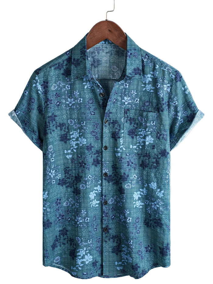 Retro Cotton Casual Shirt with Short Sleeves, Floral Pocket in Blue for Men