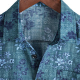 Retro Cotton Casual Shirt with Short Sleeves, Floral Pocket in Blue for Men