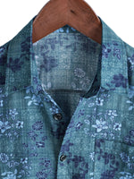 Retro Cotton Casual Shirt with Short Sleeves, Floral Pocket in Blue for Men