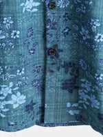 Retro Cotton Casual Shirt with Short Sleeves, Floral Pocket in Blue for Men