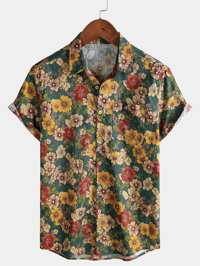 Vintage Breathable Botanical Print Resort Style Short Sleeve Shirt