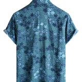 Retro Cotton Casual Shirt with Short Sleeves, Floral Pocket in Blue for Men