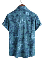 Retro Cotton Casual Shirt with Short Sleeves, Floral Pocket in Blue for Men