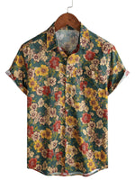 Short Sleeve Breathable Cotton Shirt with Vintage Botanical Print for Men