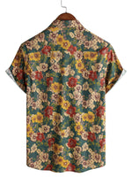 Short Sleeve Breathable Cotton Shirt with Vintage Botanical Print for Men