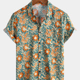 Casual Bohemian Blue Paisley and Floral Print Short Sleeve Shirt