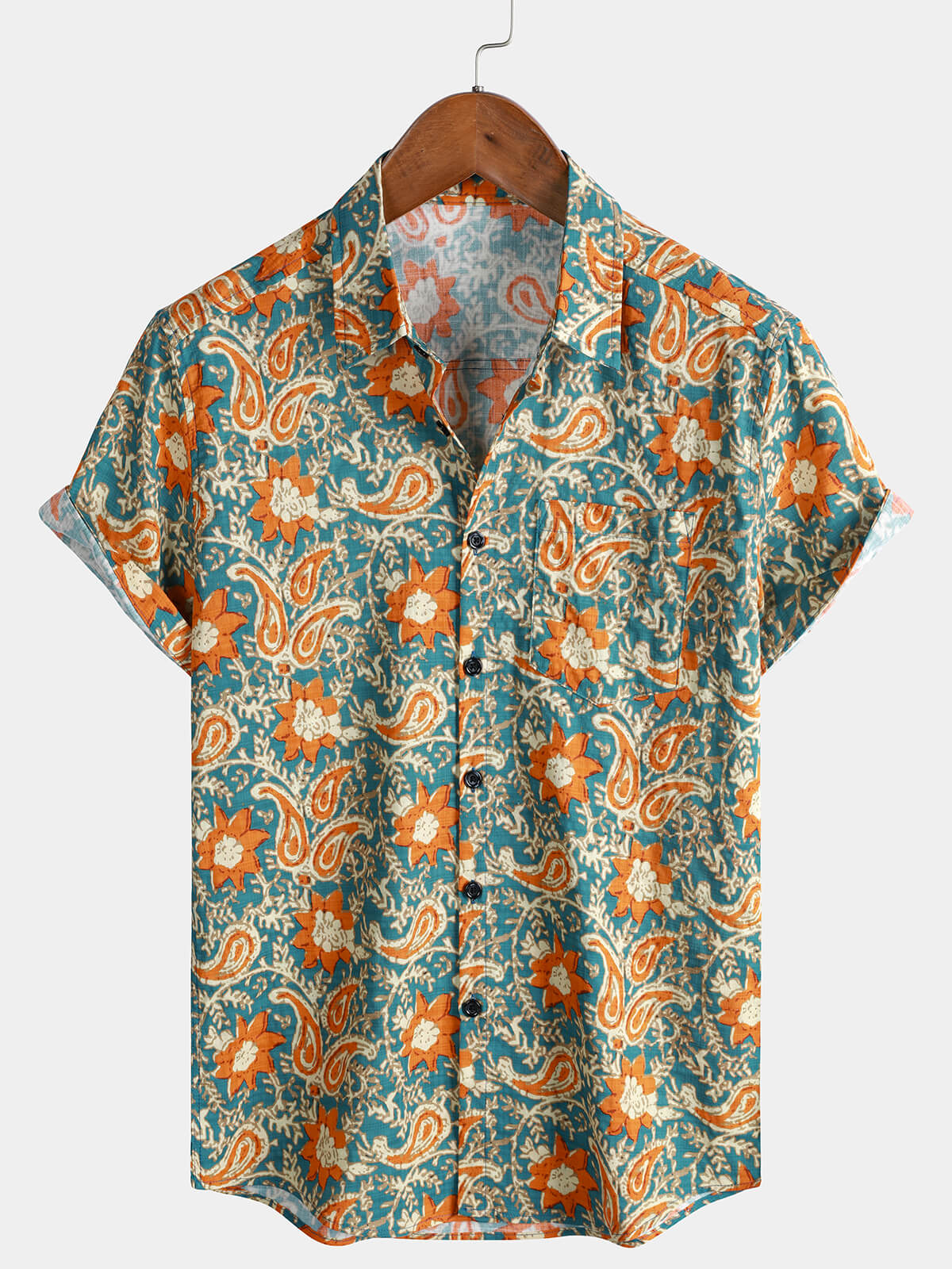 Casual Bohemian Blue Paisley and Floral Print Short Sleeve Shirt