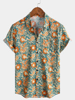 Casual Bohemian Blue Paisley and Floral Print Short Sleeve Shirt